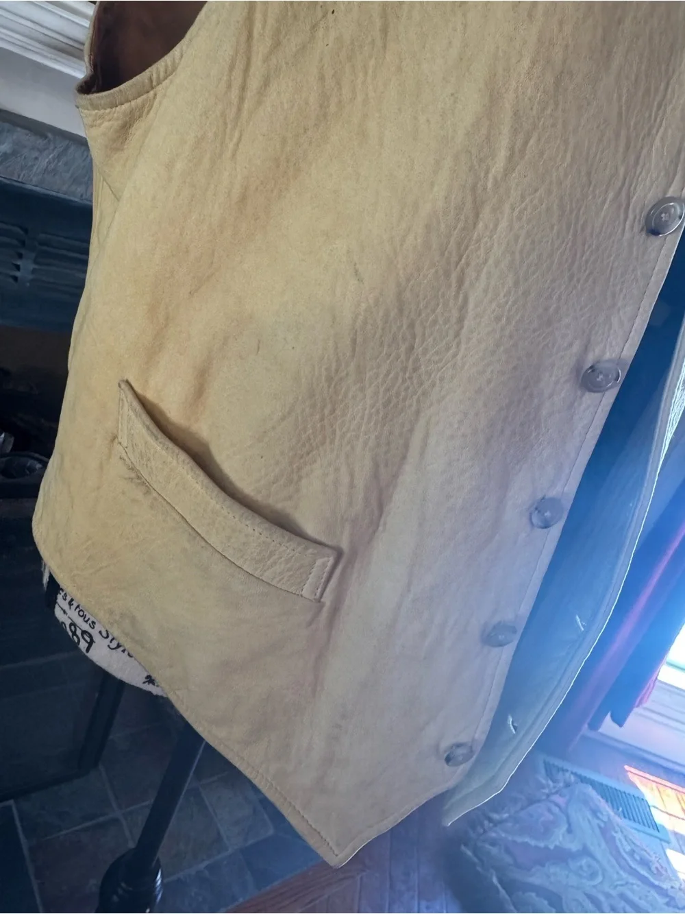 90s Vintage Banana Republic Yellow Leather Safari Vest Brown Satin Lining Small